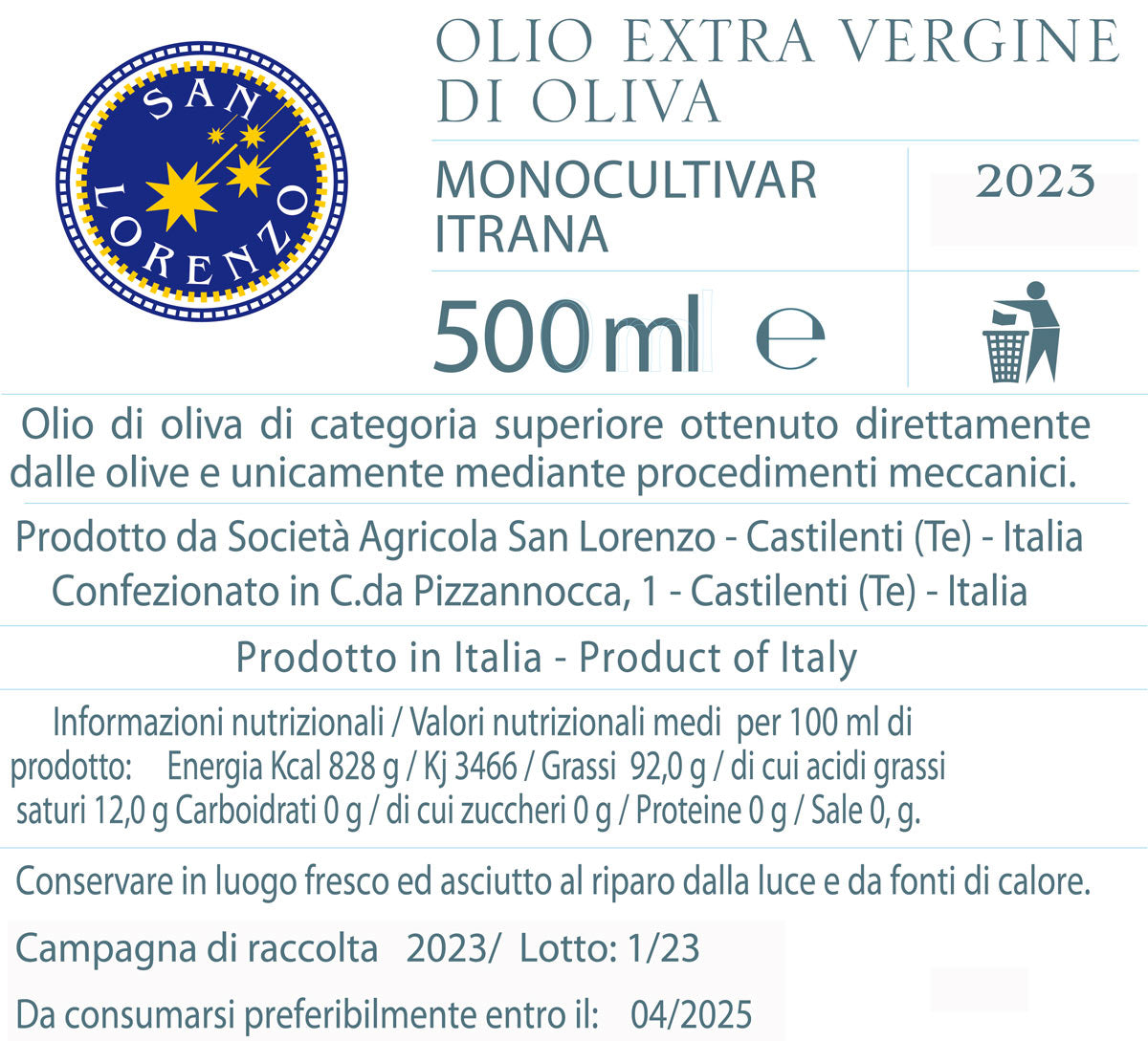Olio EVO Monocultivar Itrana 2025/2026